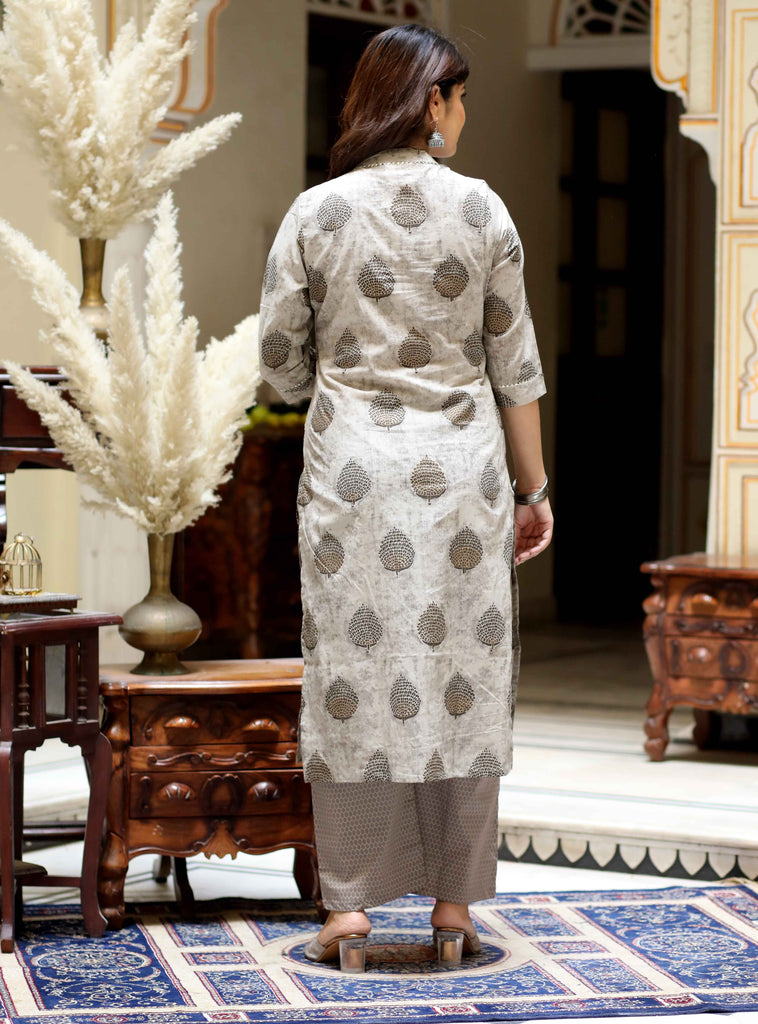 Women's Floral Printed Straight Cotton Beige Kurta And Palazzo Set