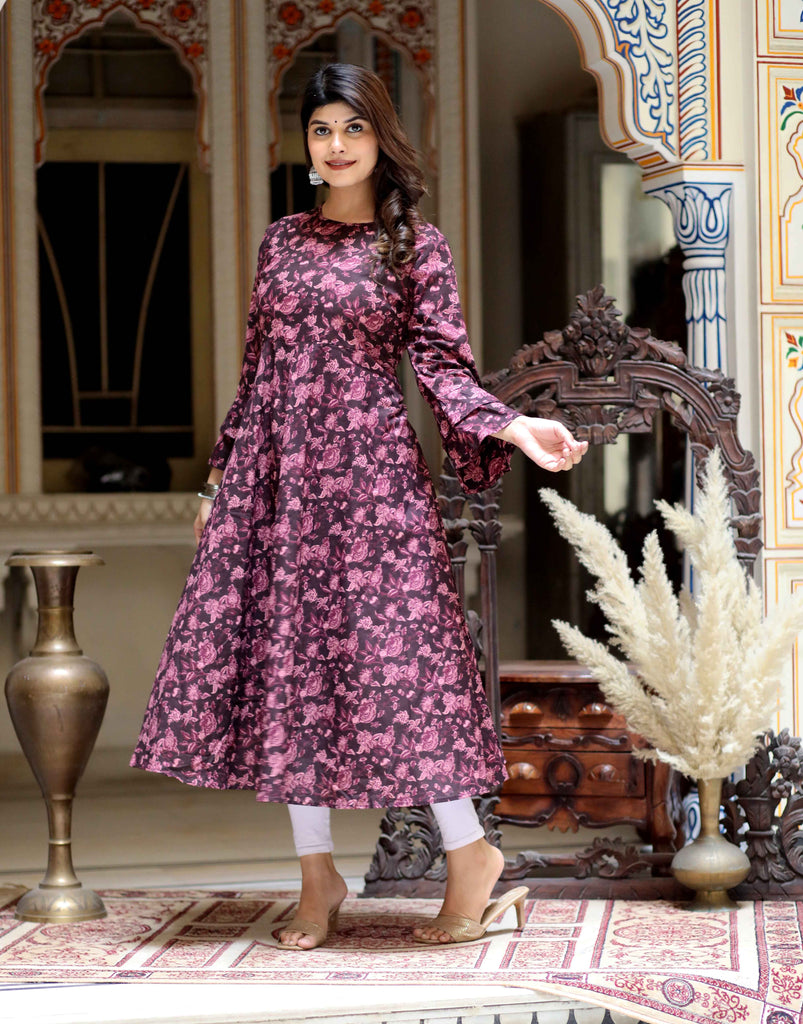 Women's Floral Printed Festive Wear Bell Sleeve Maroon Anarkali Kurta