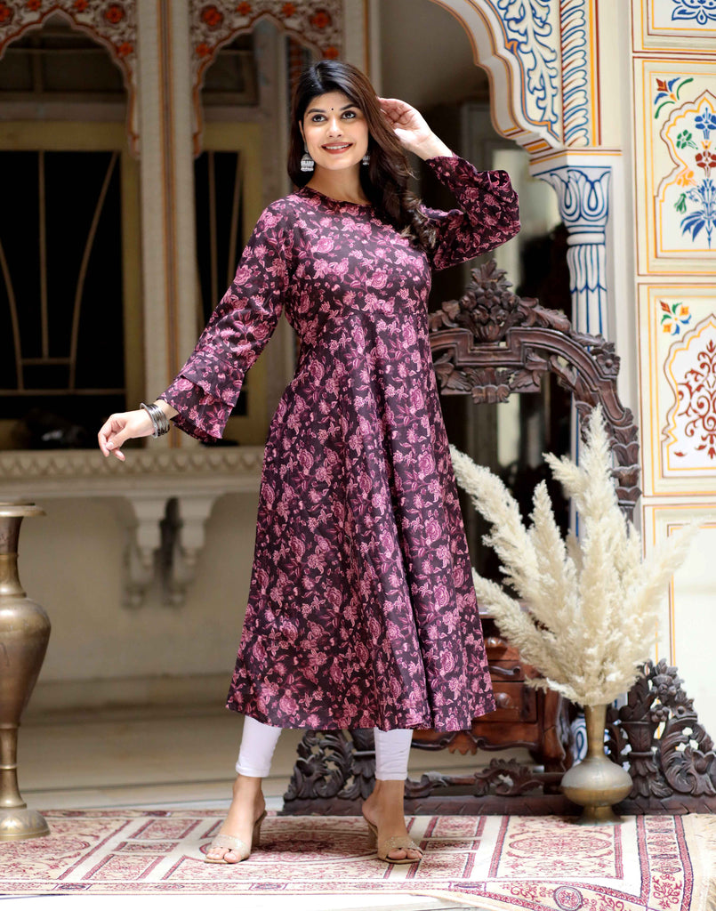 Women's Floral Printed Festive Wear Bell Sleeve Maroon Anarkali Kurta