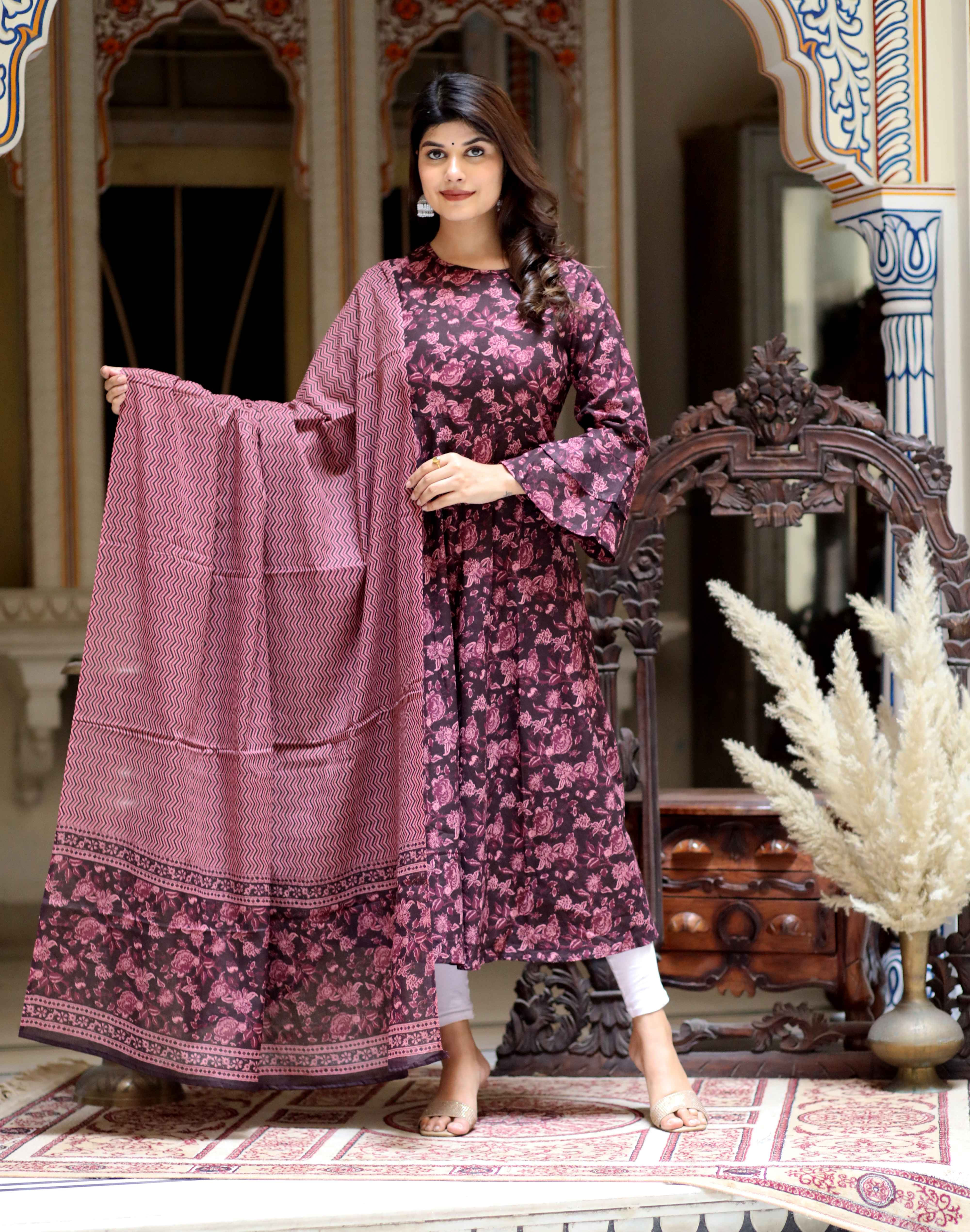 Women's Maroon Print Bell Sleeves Pure Cotton Anarkali Kurta & Dupatta 
 - Doriyaan