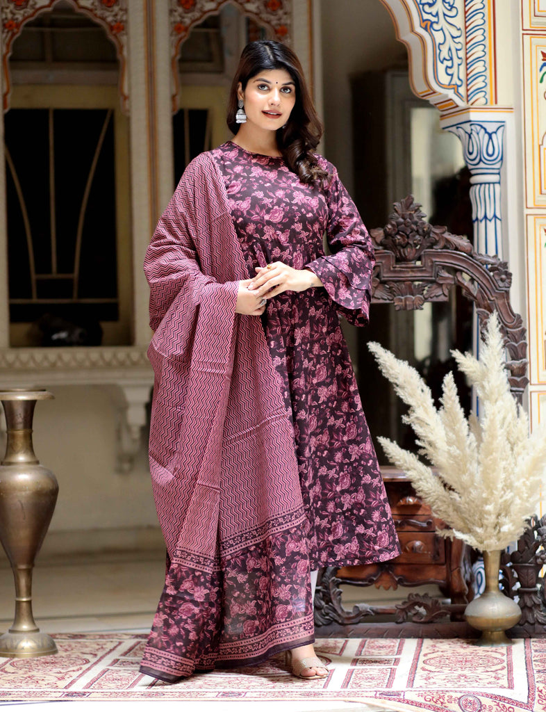 Women's Maroon Print Bell Sleeves Cotton Anarkali Kurta & Dupatta