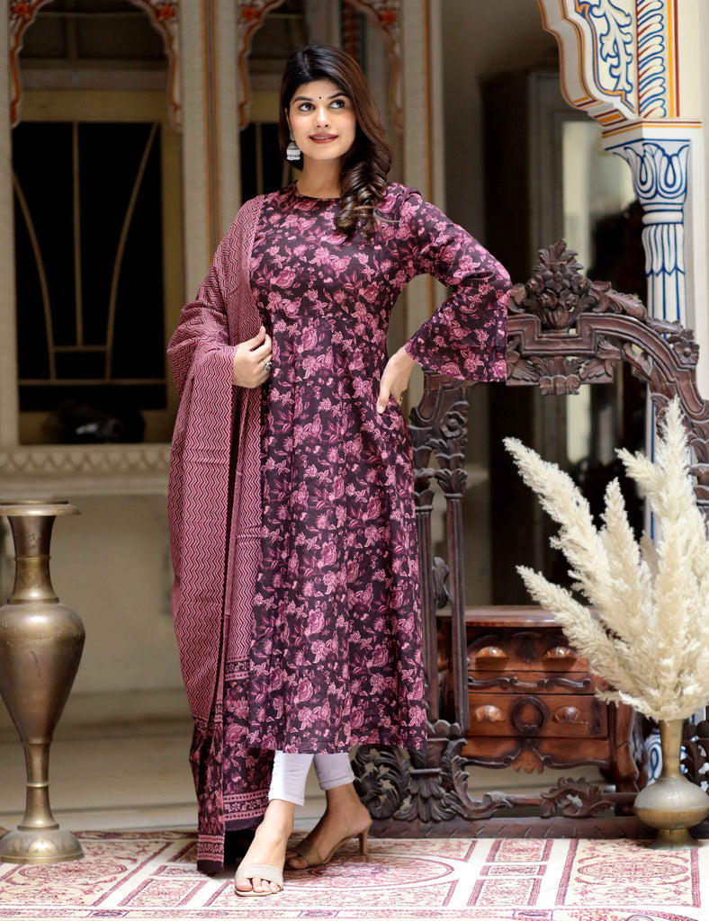 Women's Maroon Print Bell Sleeves Cotton Anarkali Kurta & Dupatta