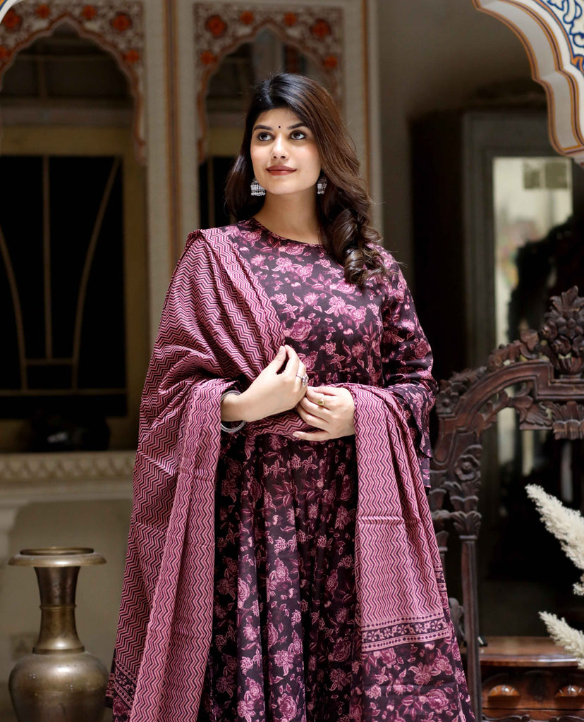 Women's Maroon Print Bell Sleeves Cotton Anarkali Kurta & Dupatta