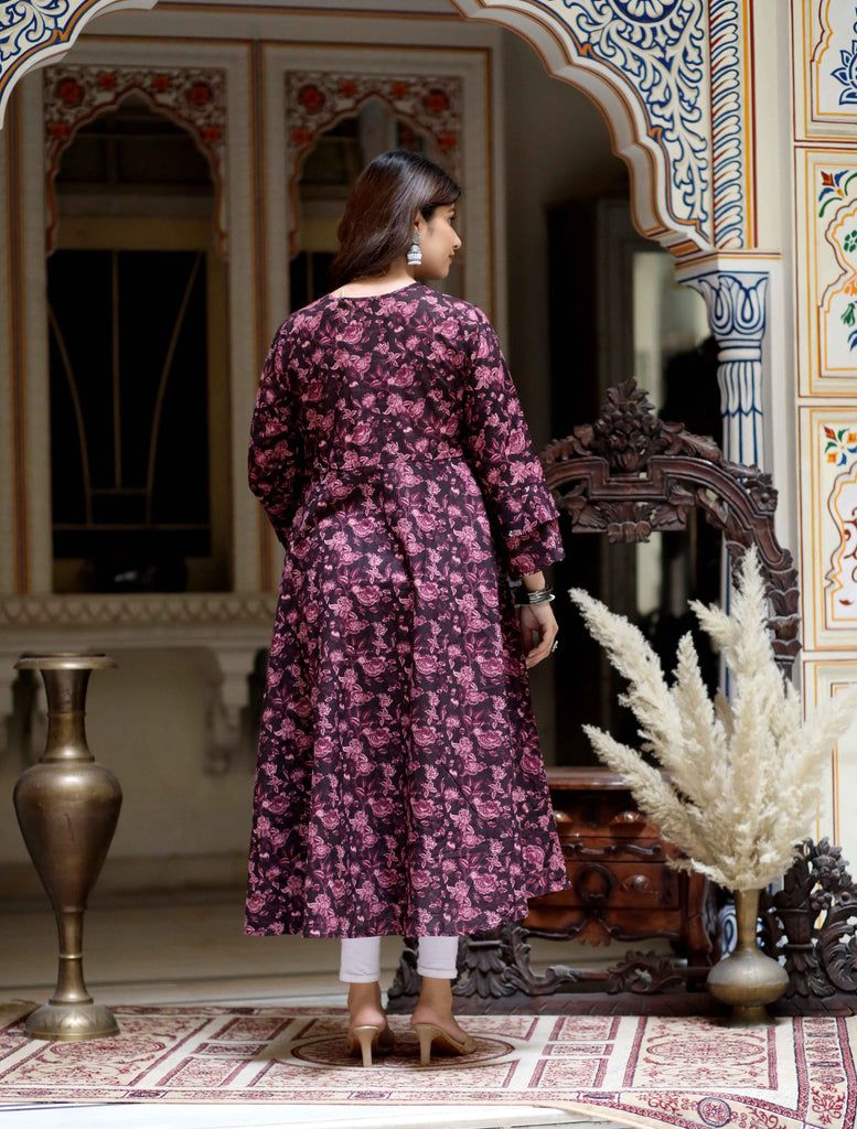 Women's Maroon Print Bell Sleeves Cotton Anarkali Kurta & Dupatta