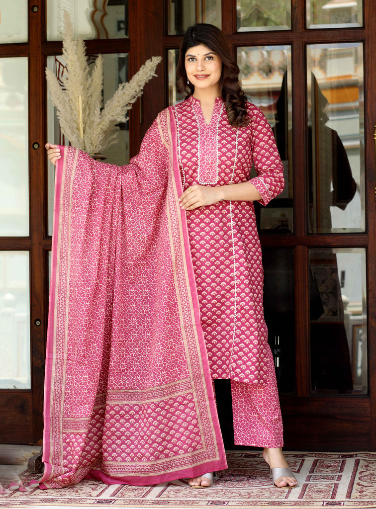 Women's Floral Printed Gota Patti Straight Cotton Kurta & Palazzo With Dupatta Set