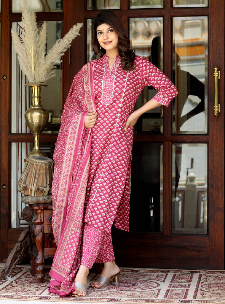 Women's Floral Printed Gota Patti Straight Cotton Kurta & Palazzo With Dupatta Set