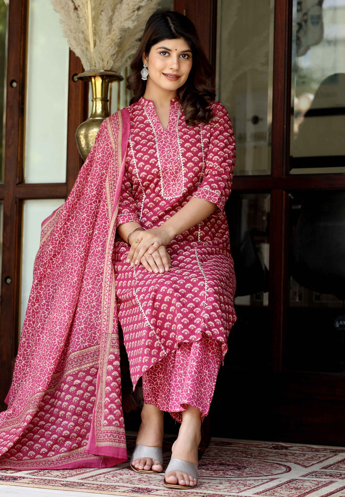Women's Floral Printed Gota Patti Straight Cotton Kurta & Palazzo With Dupatta Set