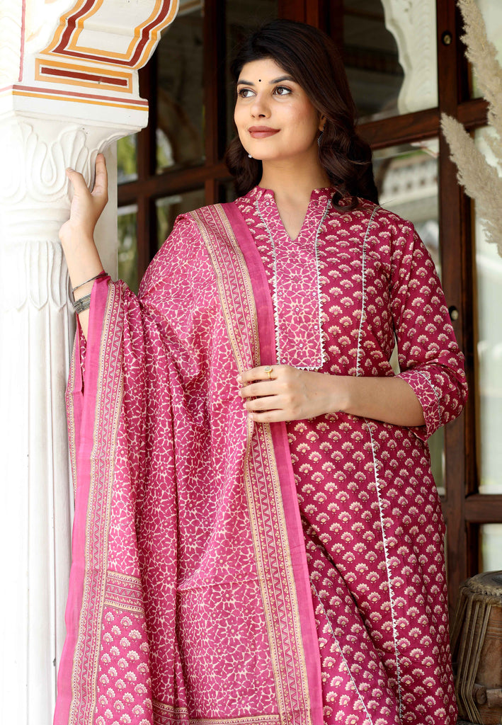 Women's Floral Printed Gota Patti Straight Cotton Kurta & Palazzo With Dupatta Set