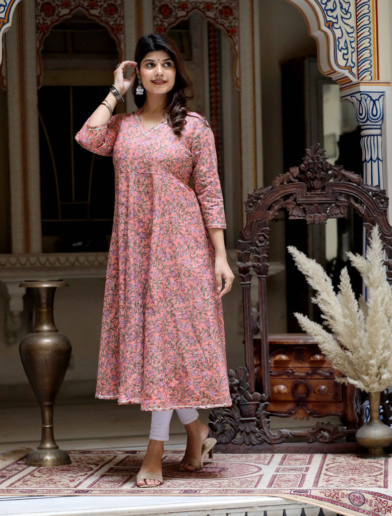 Women's Orange Cotton Floral And Gota Patti Details Party Wear Anarkali Kurta