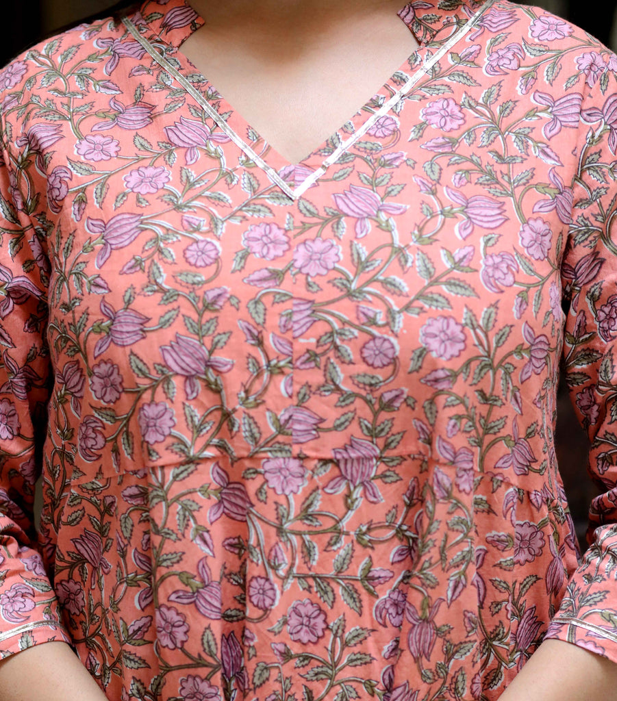 Women's Orange Cotton Floral And Gota Patti Details Party Wear Anarkali Kurta
