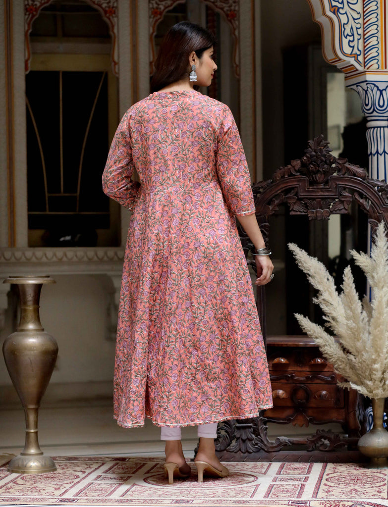 Women's Orange Cotton Floral And Gota Patti Details Party Wear Anarkali Kurta