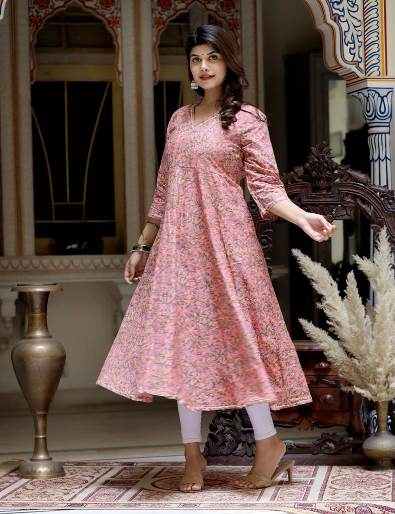Women's Orange Cotton Floral And Gota Patti Details Party Wear Anarkali Kurta
