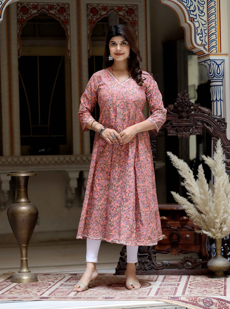 Women's Orange Cotton Floral And Gota Patti Details Party Wear Anarkali Kurta