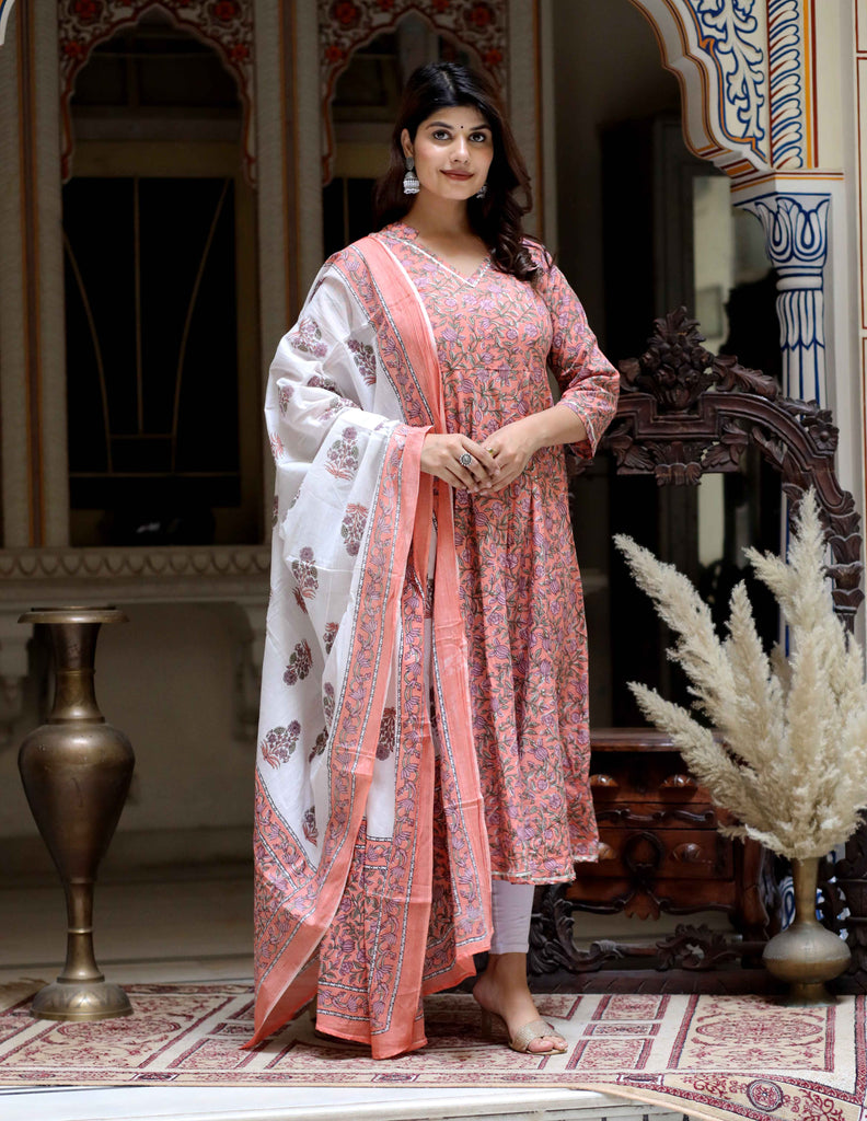 Women's Orange Floral Printed Festive Wear Anarkali Kurta & Dupatta Set