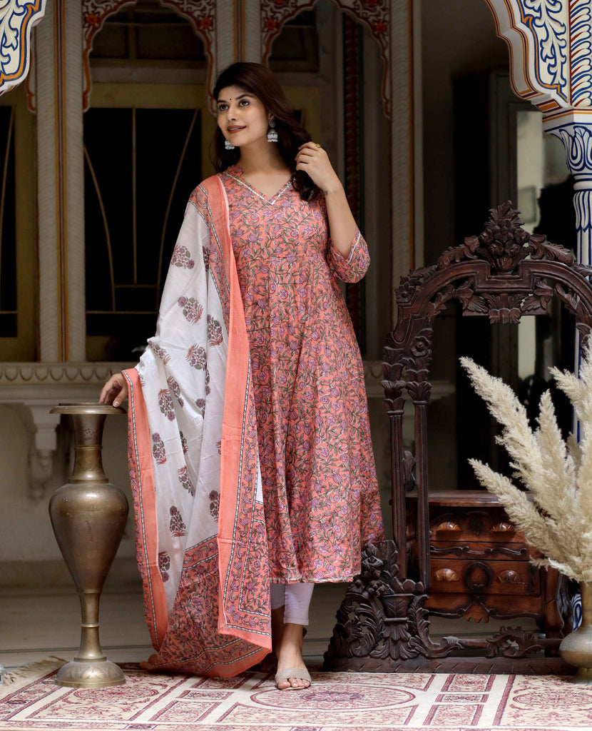 Women's Orange Floral Printed Festive Wear Anarkali Kurta & Dupatta Set