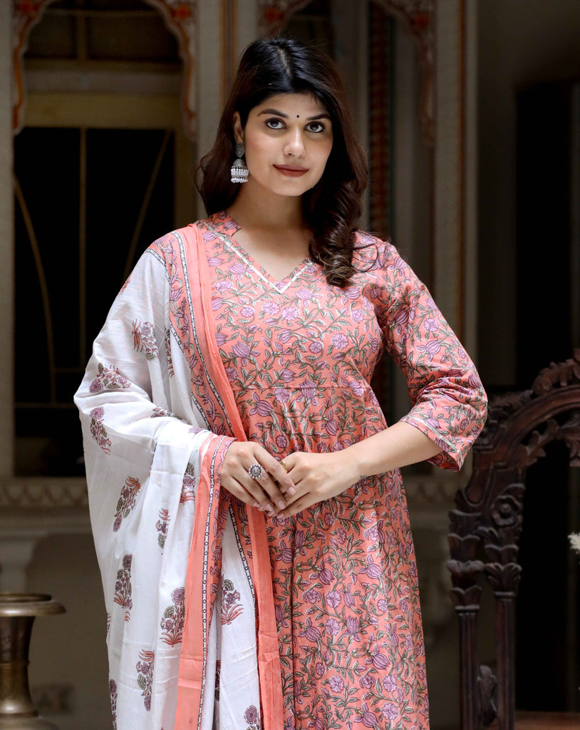Women's Orange Floral Printed Festive Wear Anarkali Kurta & Dupatta Set