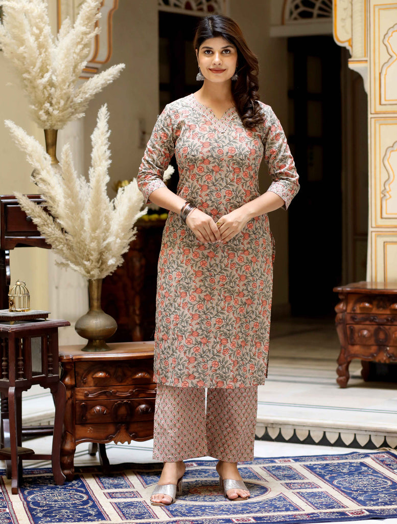 Womens Brown Floral Printed Kurta With Palazzo