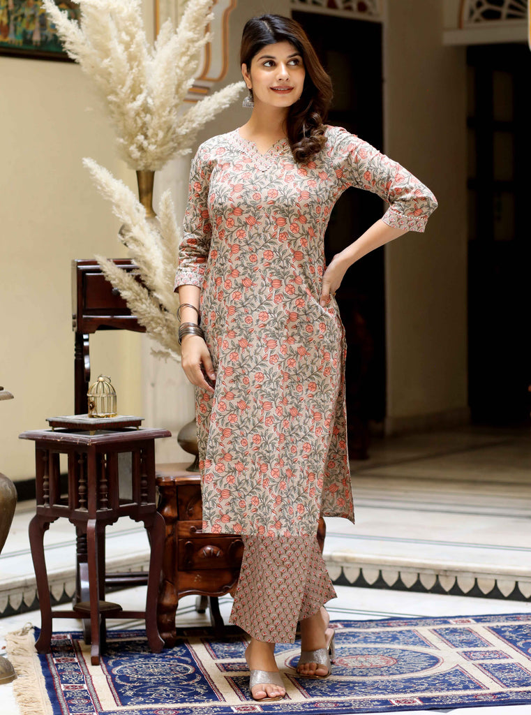 Womens Brown Floral Printed Kurta With Palazzo