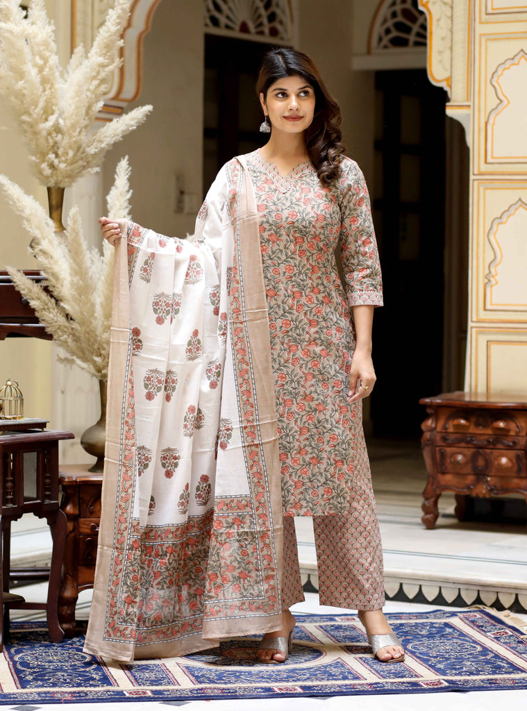 Womens Key-Hole Neck Brown Printed Cotton Straight Kurta And Palazzo With Dupatta Set