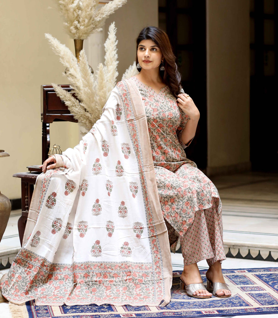 Womens Key-Hole Neck Brown Printed Cotton Straight Kurta And Palazzo With Dupatta Set