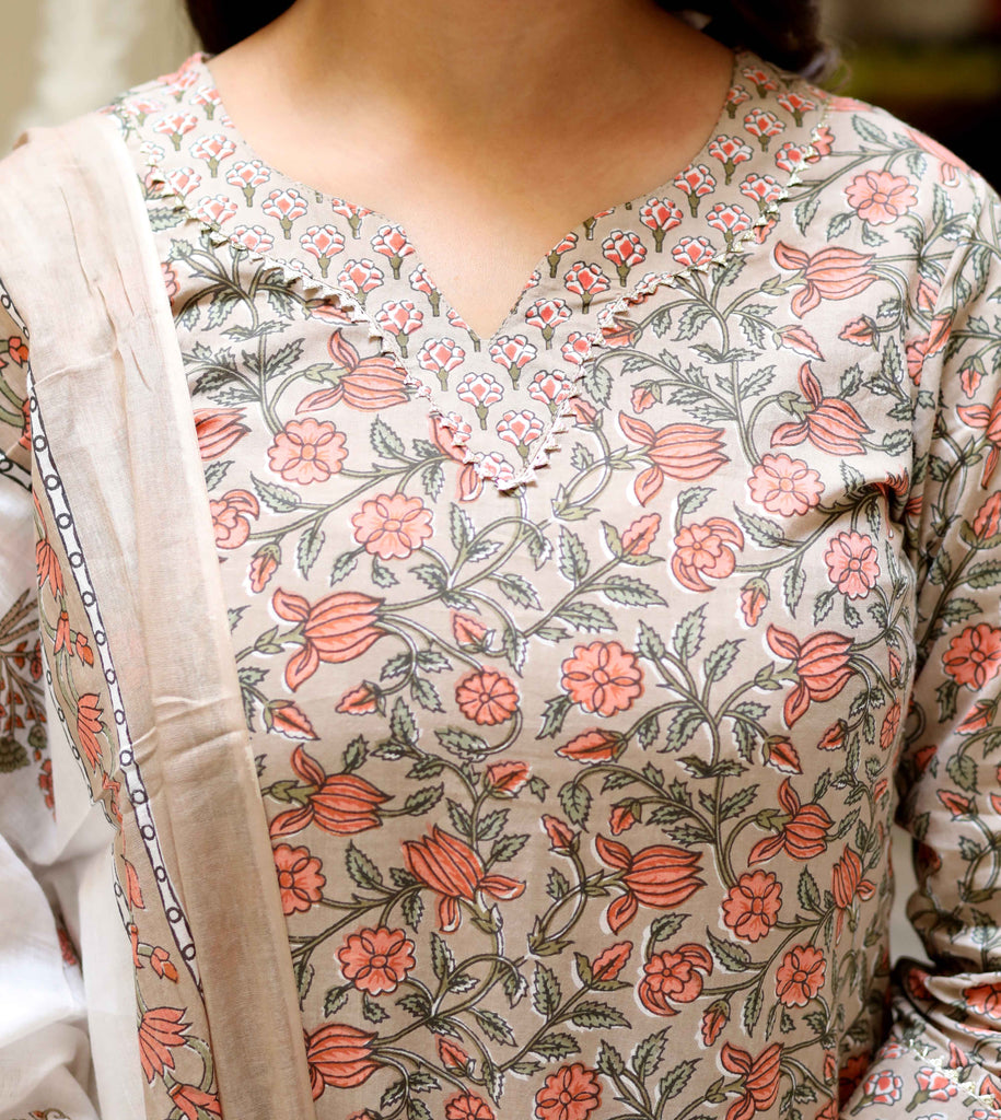 Womens Key-Hole Neck Brown Printed Cotton Straight Kurta And Palazzo With Dupatta Set
