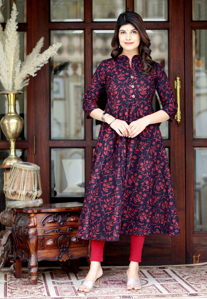 Women's Maroon Floral Printed Party Wear Anarkali Kurta
