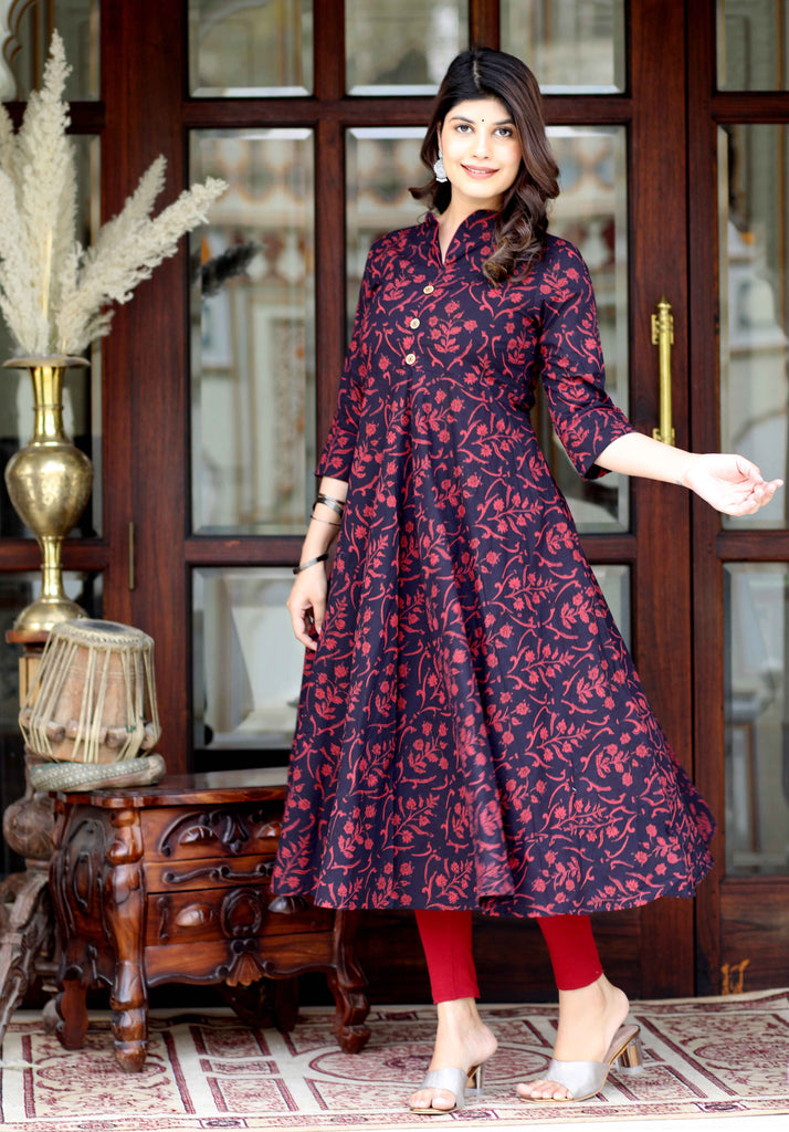 Women's Maroon Floral Printed Party Wear Anarkali Kurta