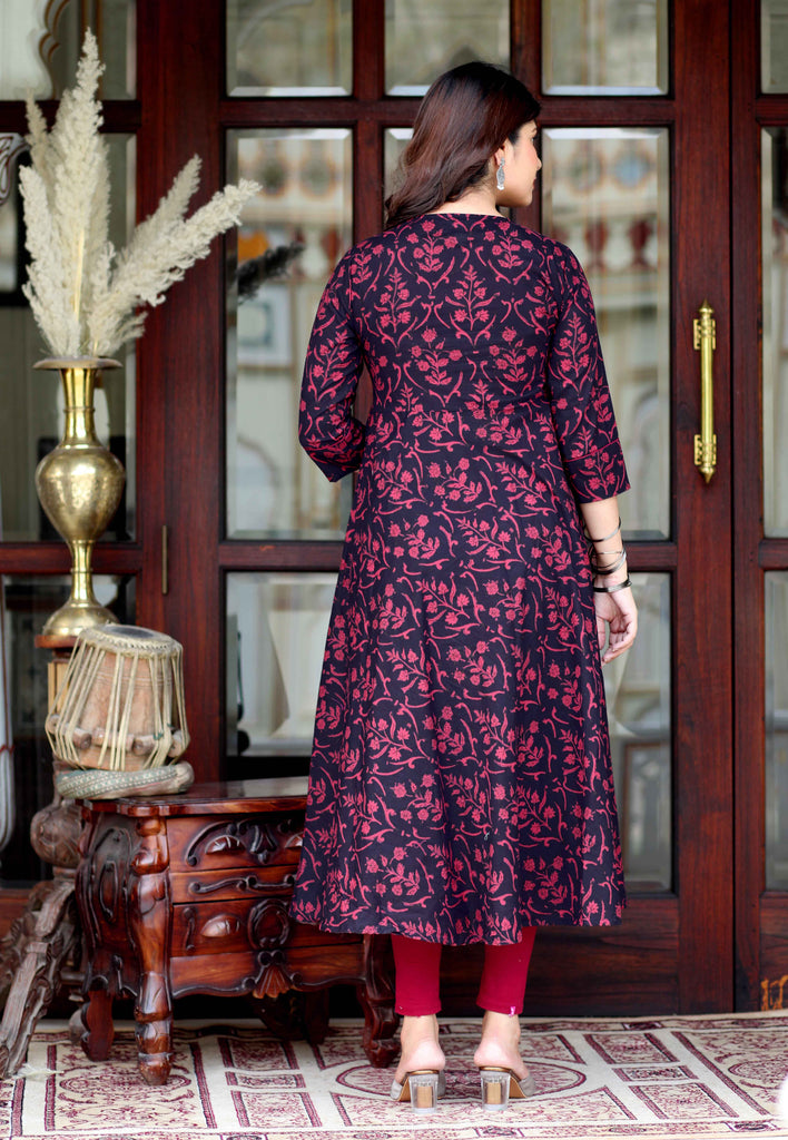 Women's Maroon Floral Printed Party Wear Anarkali Kurta