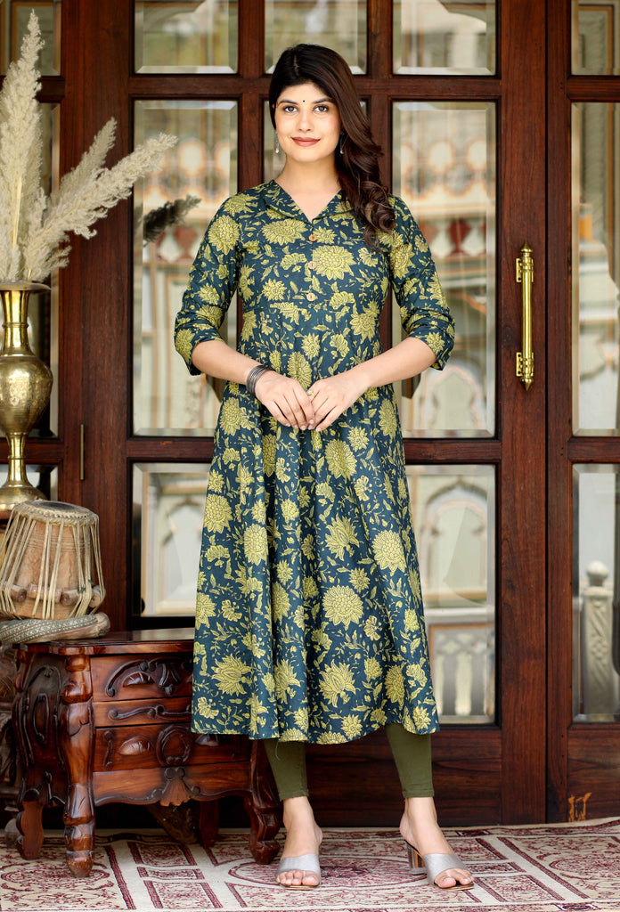 Women's Green Cotton Shirt Coller Neck Floral Printed Anarkali Kurta