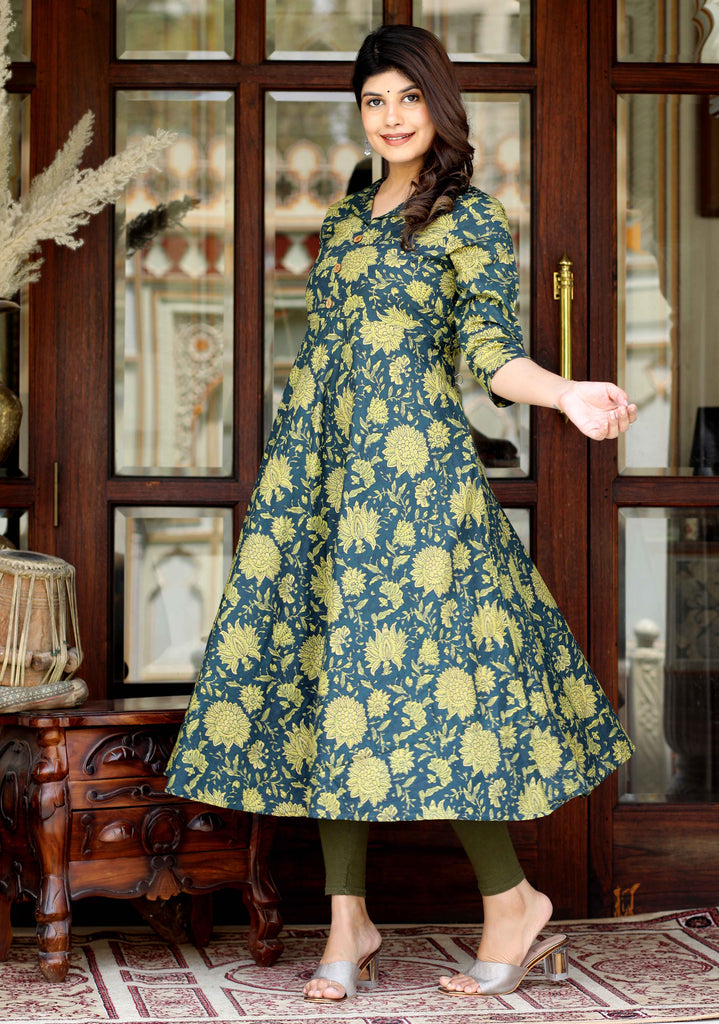 Women's Green Cotton Shirt Coller Neck Floral Printed Anarkali Kurta