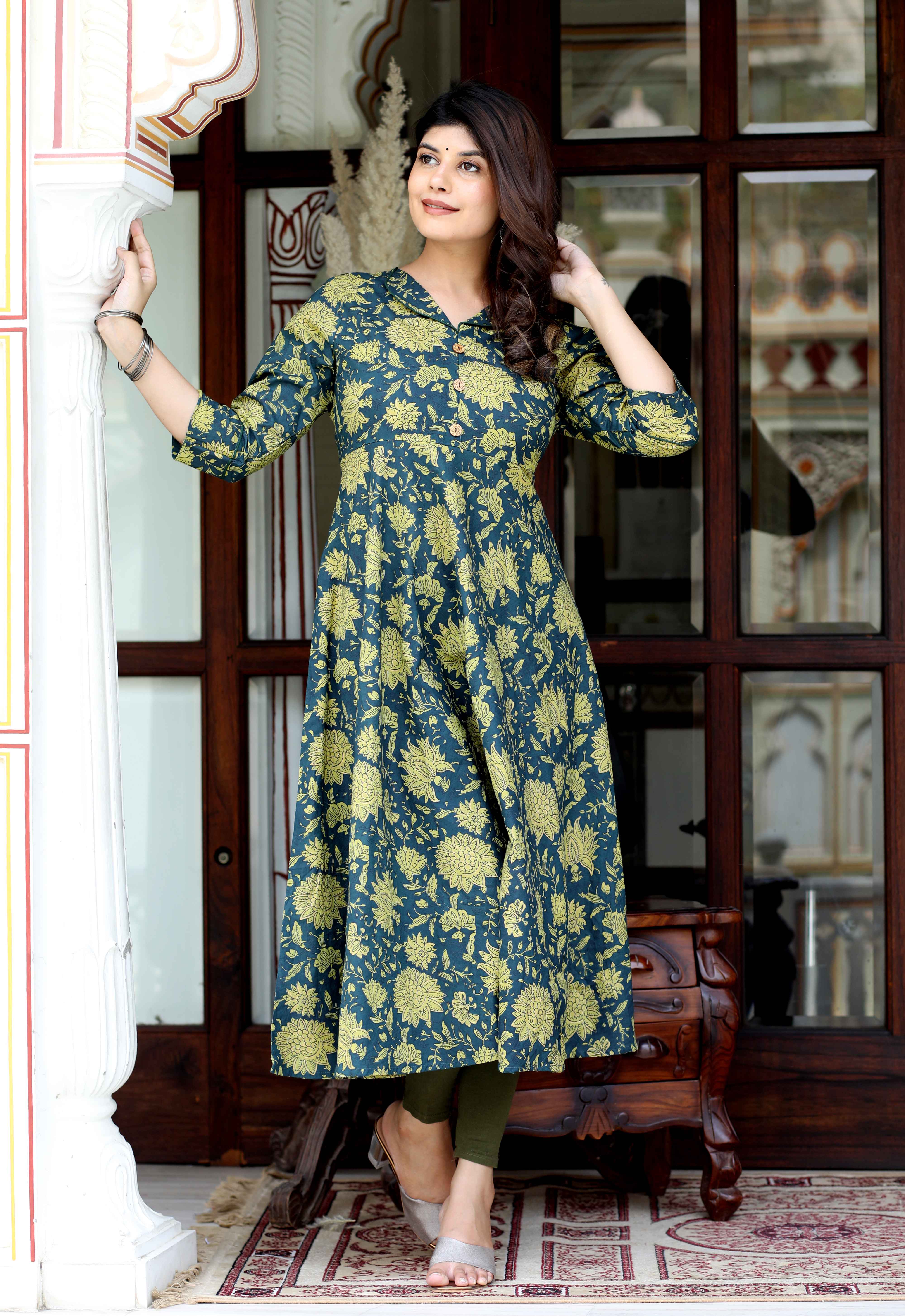 Women's Green Cotton Shirt Coller Neck Floral Printed Anarkali Kurta - Doriyaan