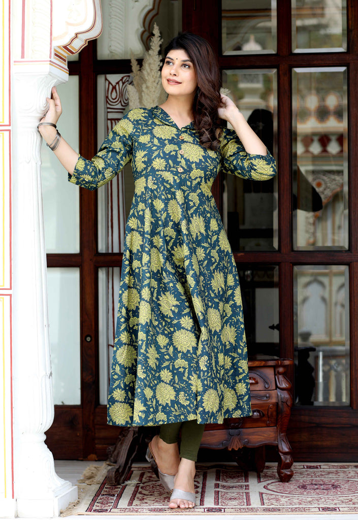 Women's Green Cotton Shirt Coller Neck Floral Printed Anarkali Kurta