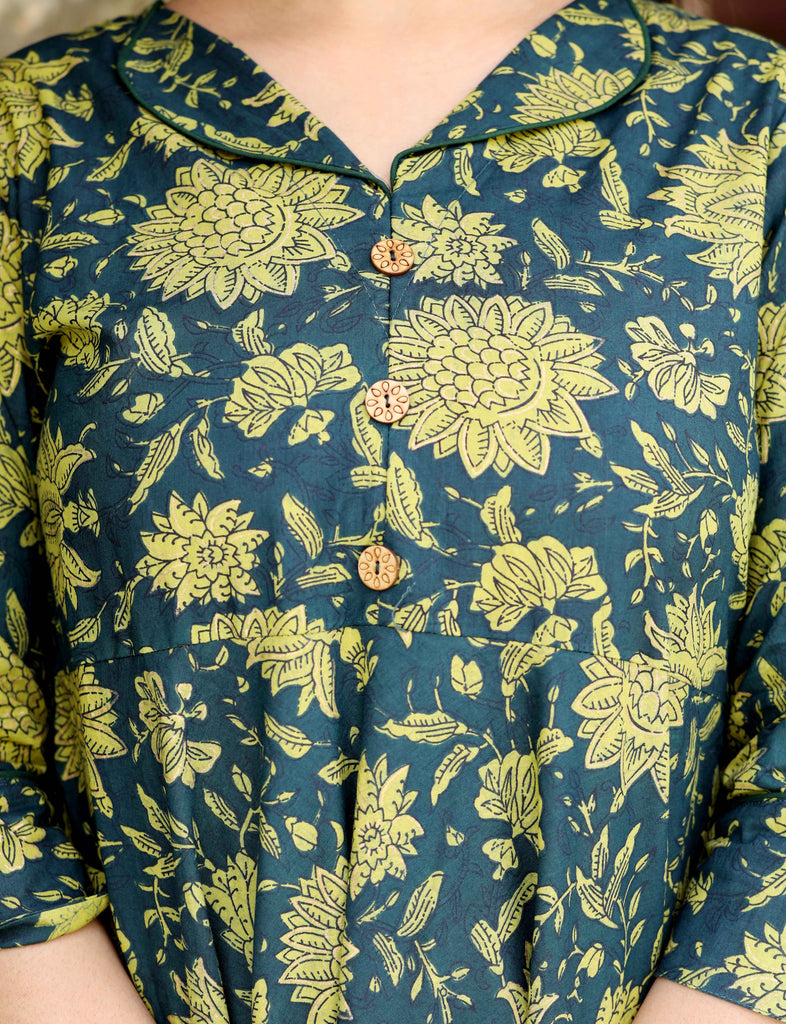 Women's Green Cotton Shirt Coller Neck Floral Printed Anarkali Kurta