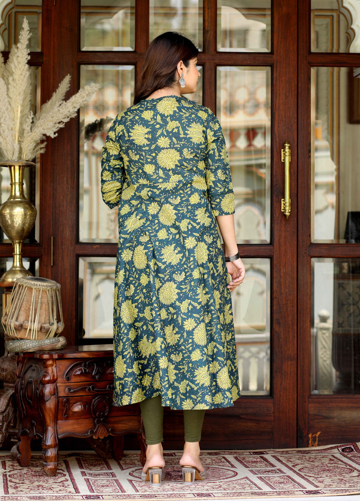 Women's Green Cotton Shirt Coller Neck Floral Printed Anarkali Kurta