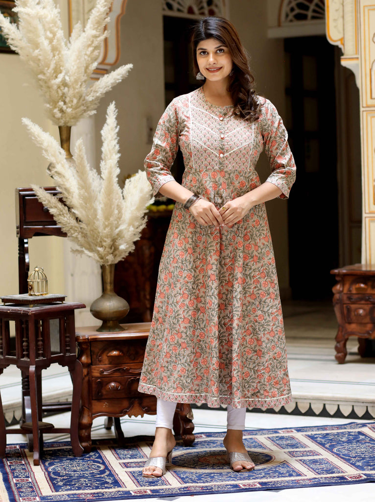 Womens Brown Gota Lace Work Floral Printed Anarkali Kurta