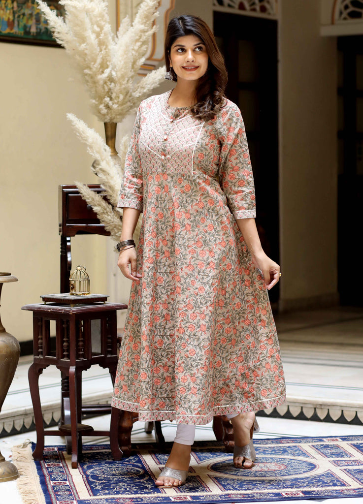 Womens Brown Gota Lace Work Floral Printed Anarkali Kurta