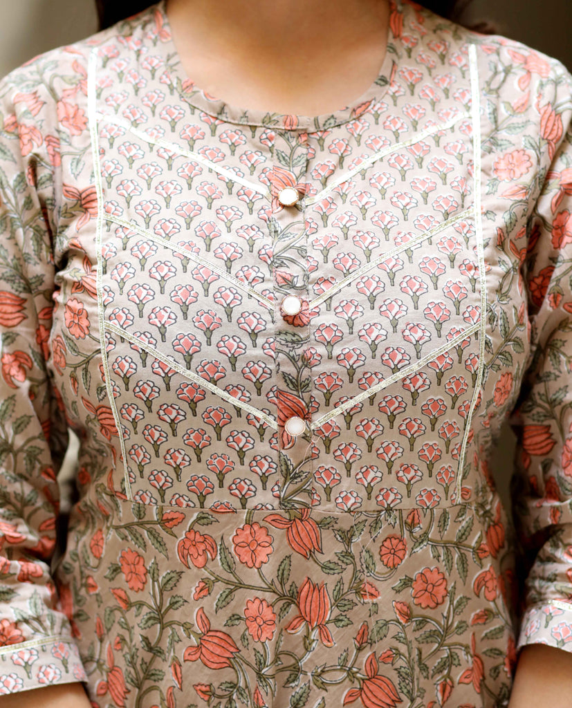 Womens Brown Gota Lace Work Floral Printed Anarkali Kurta