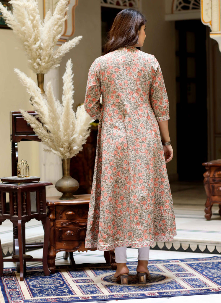 Womens Brown Gota Lace Work Floral Printed Anarkali Kurta