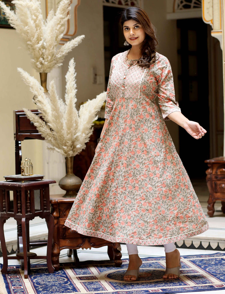 Womens Brown Gota Lace Work Floral Printed Anarkali Kurta
