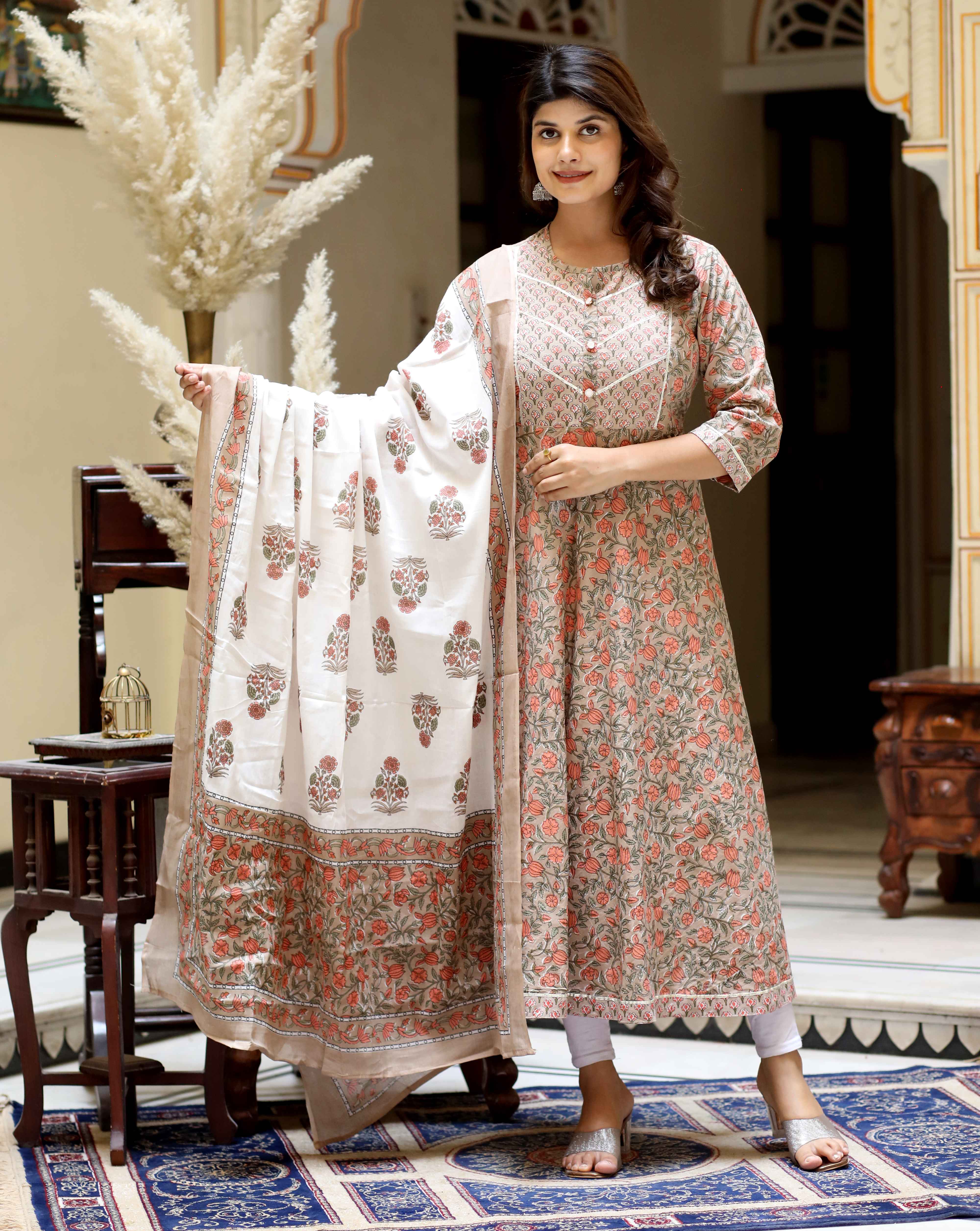 Women's Brown Printed Traditional Wear Anarkali Kurta & Dupatta Set
 - Doriyaan