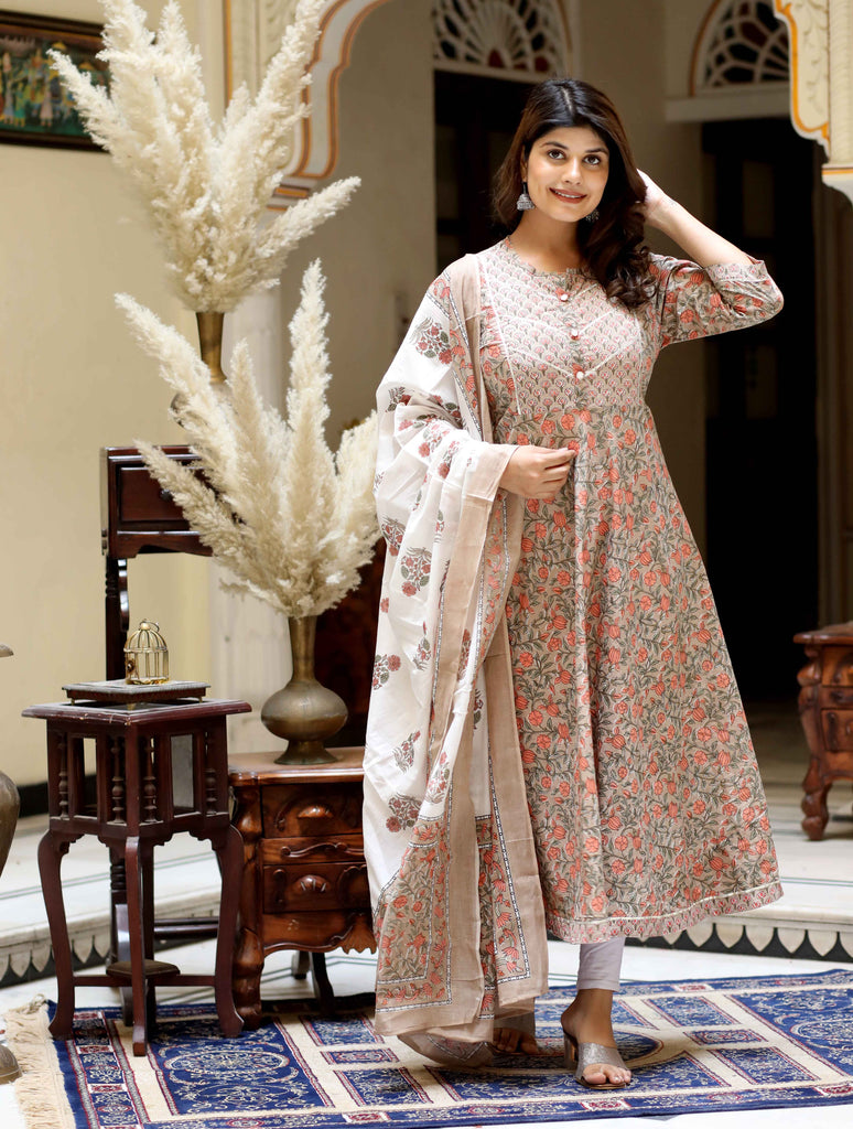Women's Brown Printed Traditional Wear Anarkali Kurta & Dupatta Set