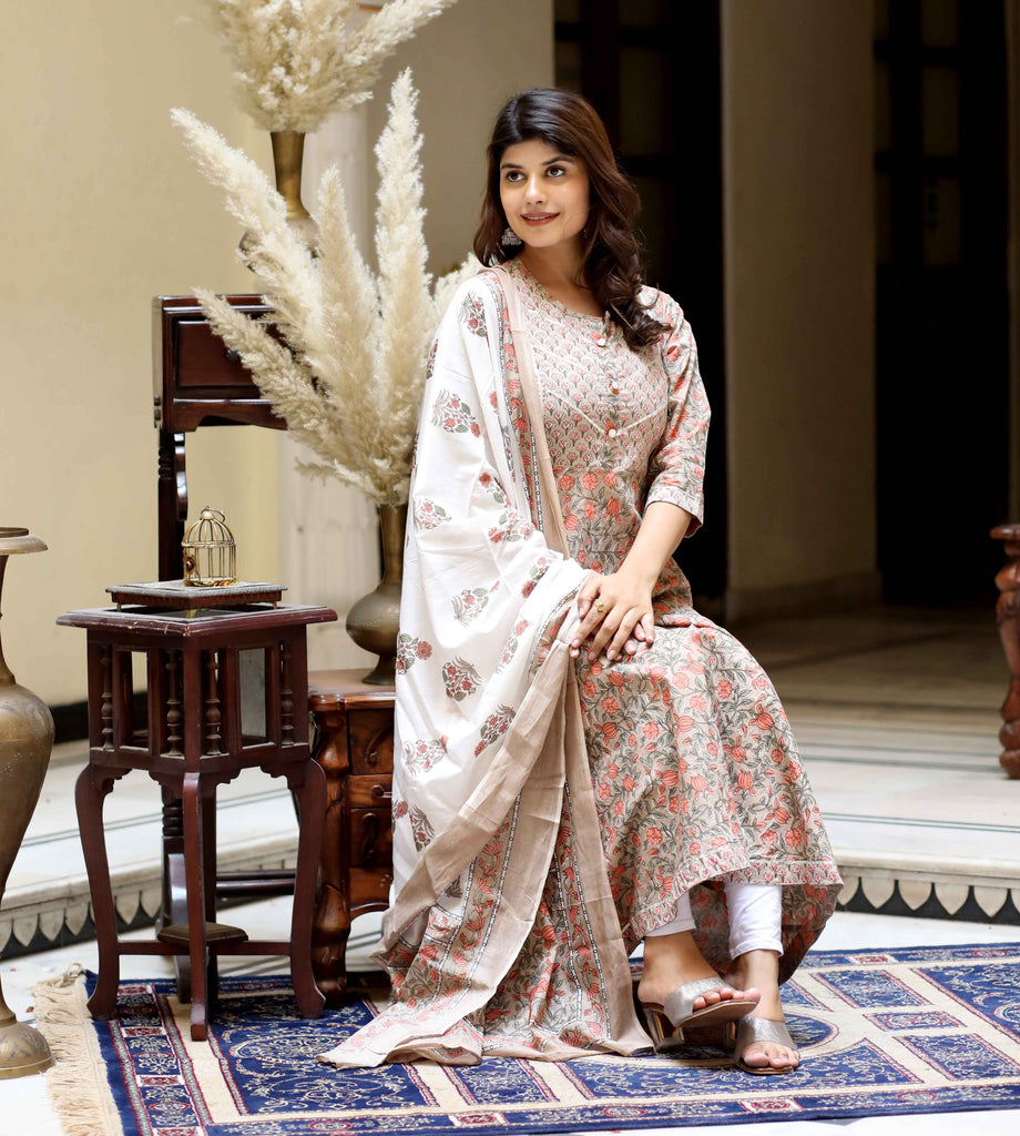 Women's Brown Printed Traditional Wear Anarkali Kurta & Dupatta Set