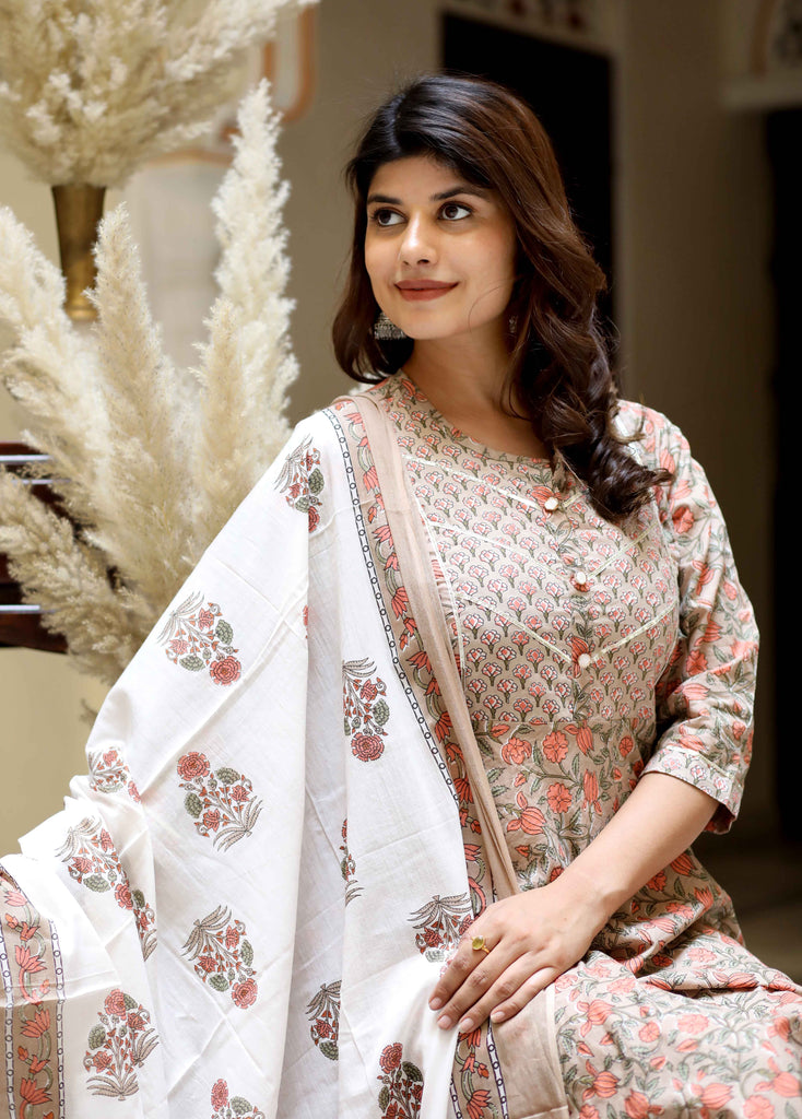 Women's Brown Printed Traditional Wear Anarkali Kurta & Dupatta Set