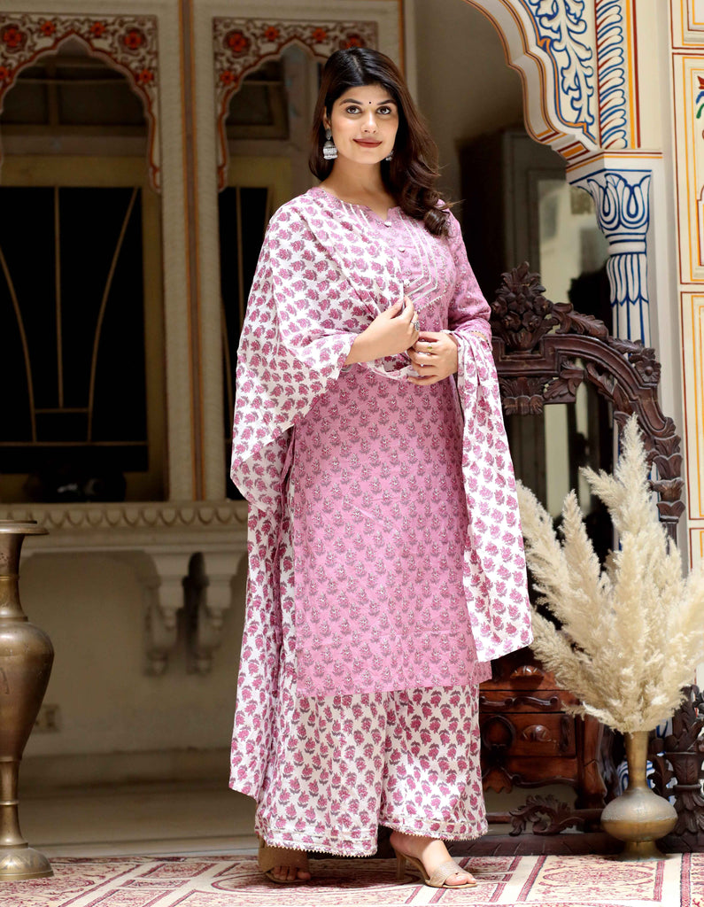 Women's Pink Floral Printed And Yoke Lace Detail Cotton Kurta Palazzo With Dupatta Set