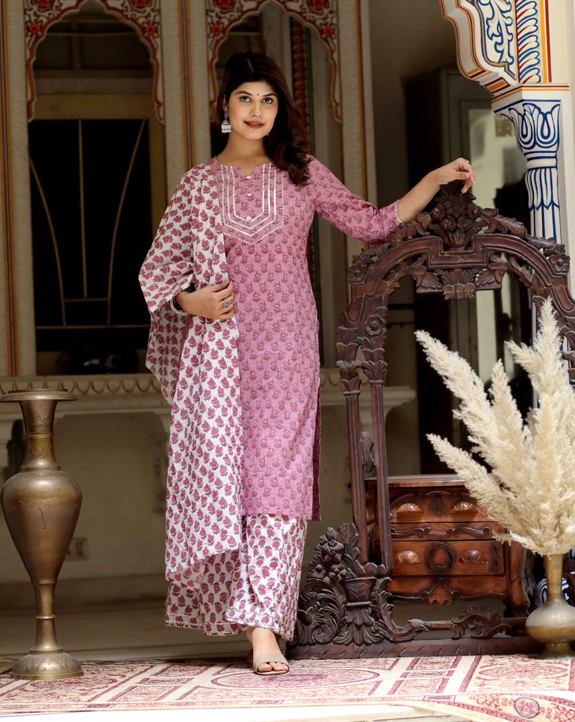 Women's Pink Floral Printed And Yoke Lace Detail Cotton Kurta Palazzo With Dupatta Set