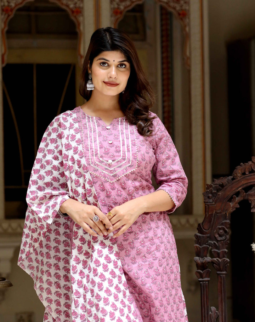 Women's Pink Floral Printed And Yoke Lace Detail Cotton Kurta Palazzo With Dupatta Set