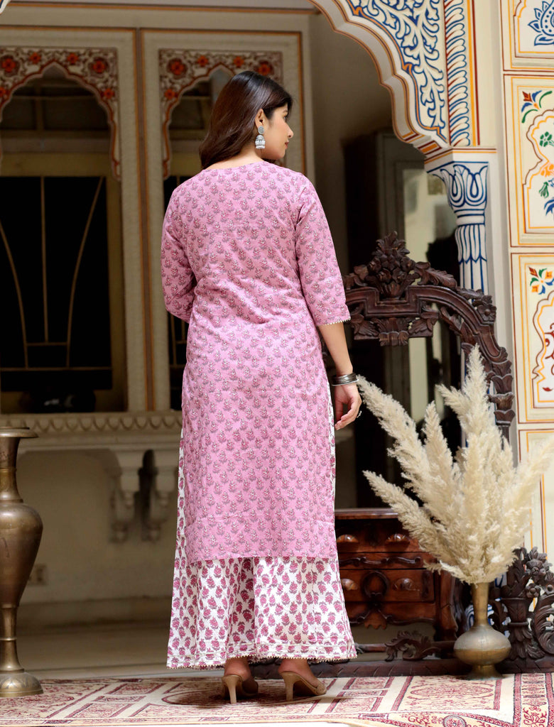Women's Pink Floral Printed And Yoke Lace Detail Cotton Kurta Palazzo With Dupatta Set