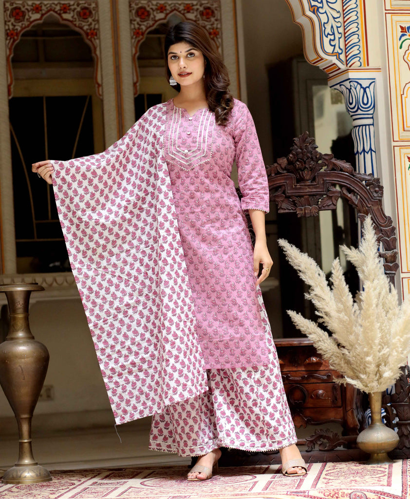 Women's Pink Floral Printed And Yoke Lace Detail Cotton Kurta Palazzo With Dupatta Set