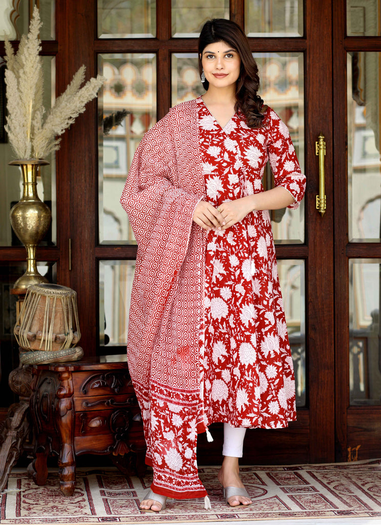 Women's Red Floral Printed Gotta Patti V-Neck 3/4Th Sleeves Angrakha Style Anarkali Kurta And Dupatta
