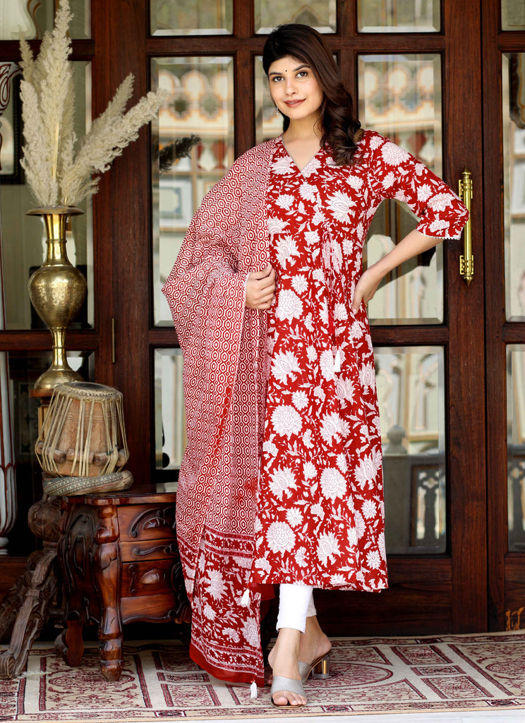 Women's Red Floral Printed Gotta Patti V-Neck 3/4Th Sleeves Angrakha Style Anarkali Kurta And Dupatta